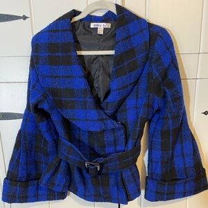 NICO LA Plaid Shawl Collar, Double Breasted Jacket with Belt & Cuffed Sleeves.